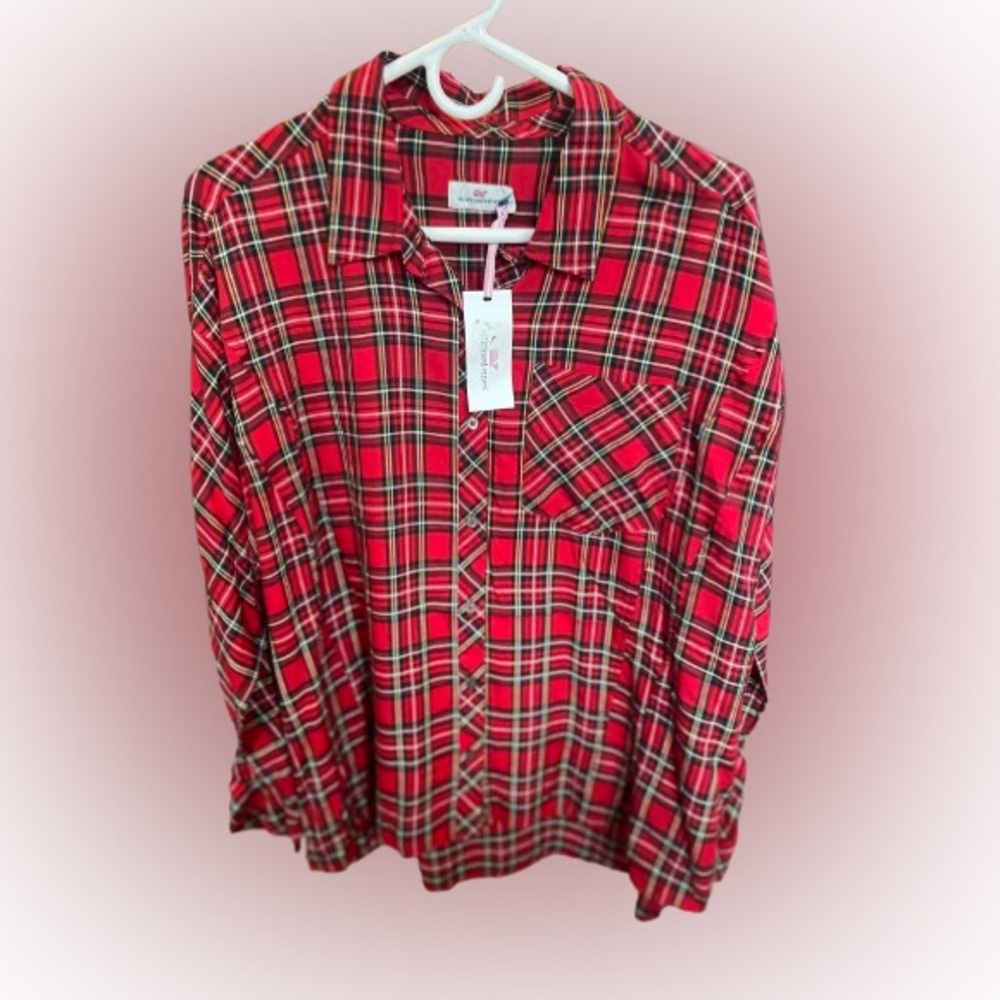 Long sleeve red plaid shirt.